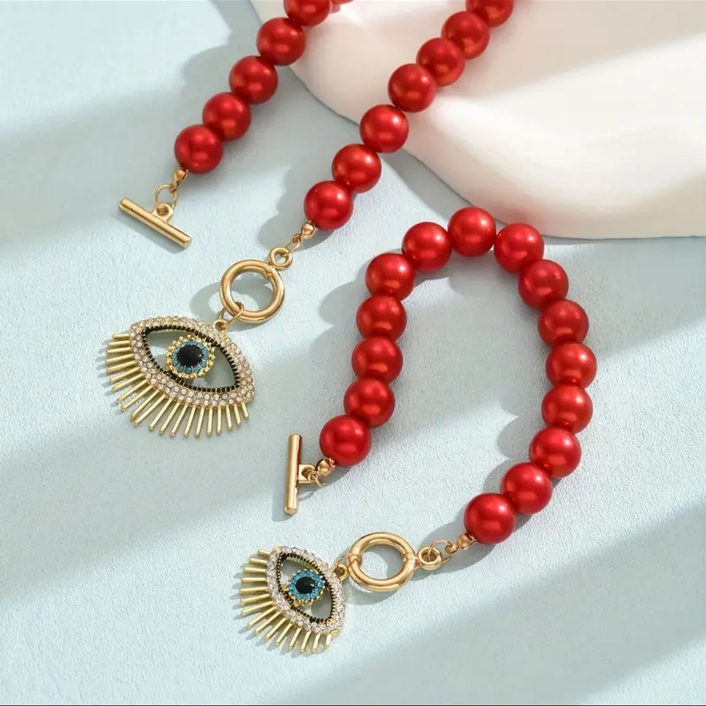 Elegant Beaded Necklace and Bracelet Set with Eye Pendant - Picture 2 of 7
